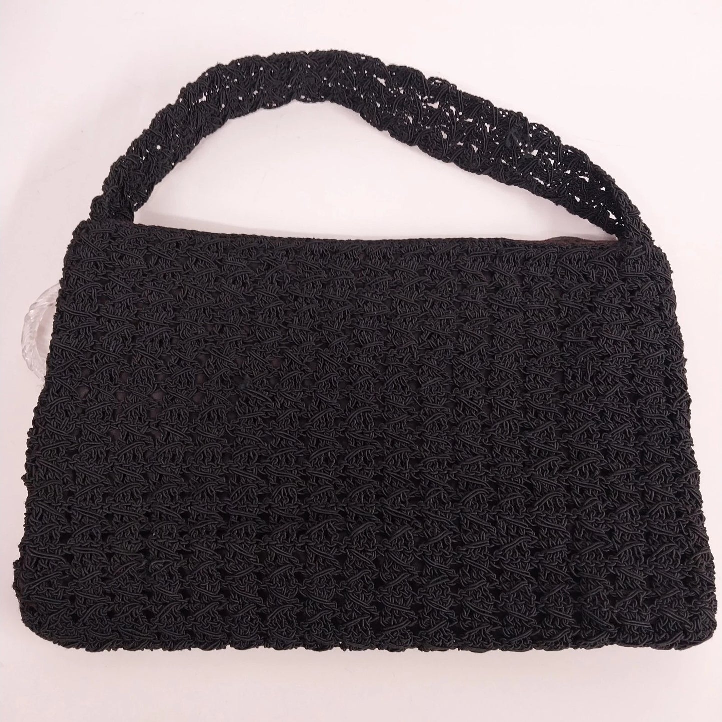 Black Crochet Handbag Purse 12" with Lucite Zipper Pull & Nylon Lining Vintage