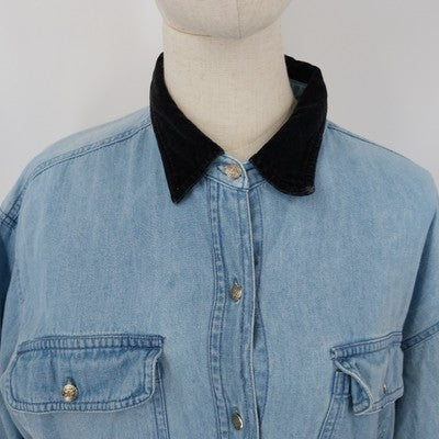 Vision 1 Denim Shirt L Velvet Collar & Cuffs Long Sleeve 100% Cotton Vintage
