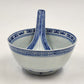 Blue White Chinese Porcelain Bowl & Spoon Set Rice Grain Motif