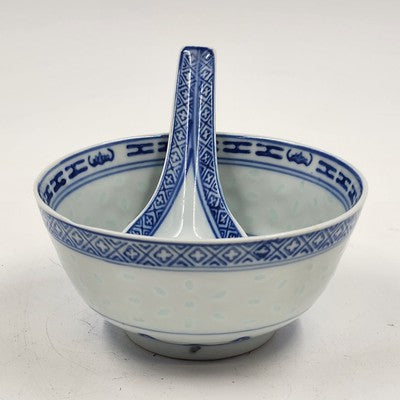 Blue White Chinese Porcelain Bowl & Spoon Set Rice Grain Motif