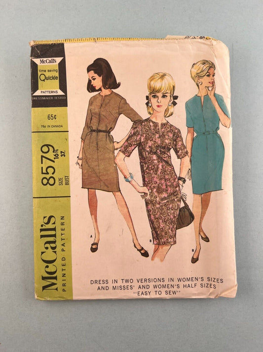 McCall's 8579 Vintage Sewing Pattern '66 Women Misses ½Size Dress 2 Versions 16½