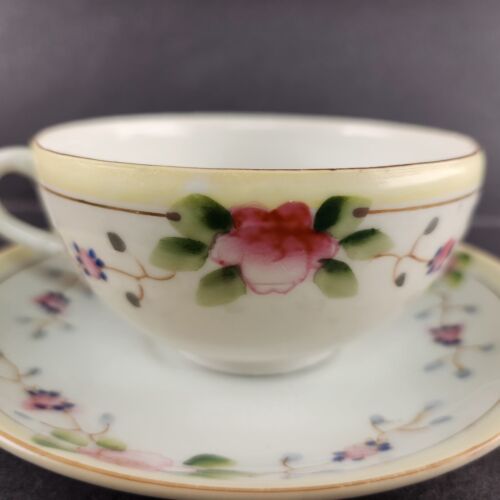 TT Triangle 4 Cup & Saucer Sets Pink & Yellow Roses Antique Japan 1 Cup Chipped