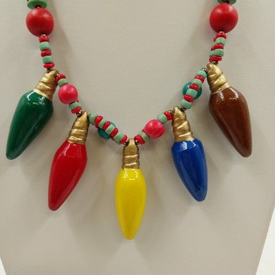 Wood and Acrylic Multicolor Conical Beaded Hook Christmas Holiday Necklace 14"
