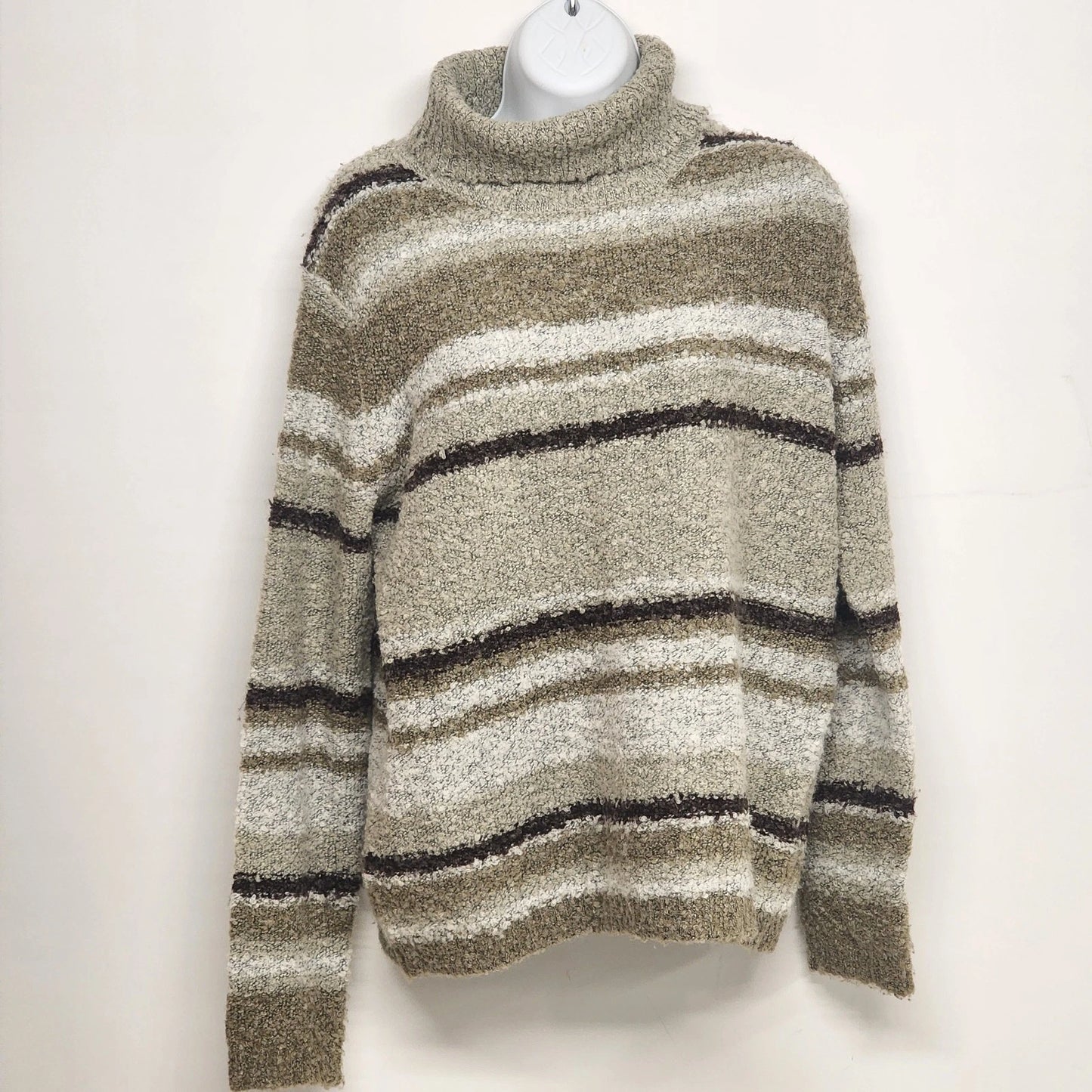 Cato Women Large Striped Turtleneck Sweater Brown White Chunky Knit Pullover