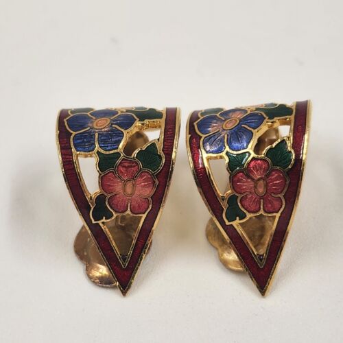 Cloisonné Enamel Flower Clip-On Earrings Multicolor Curved Leaf Shape 1" x 0.5"