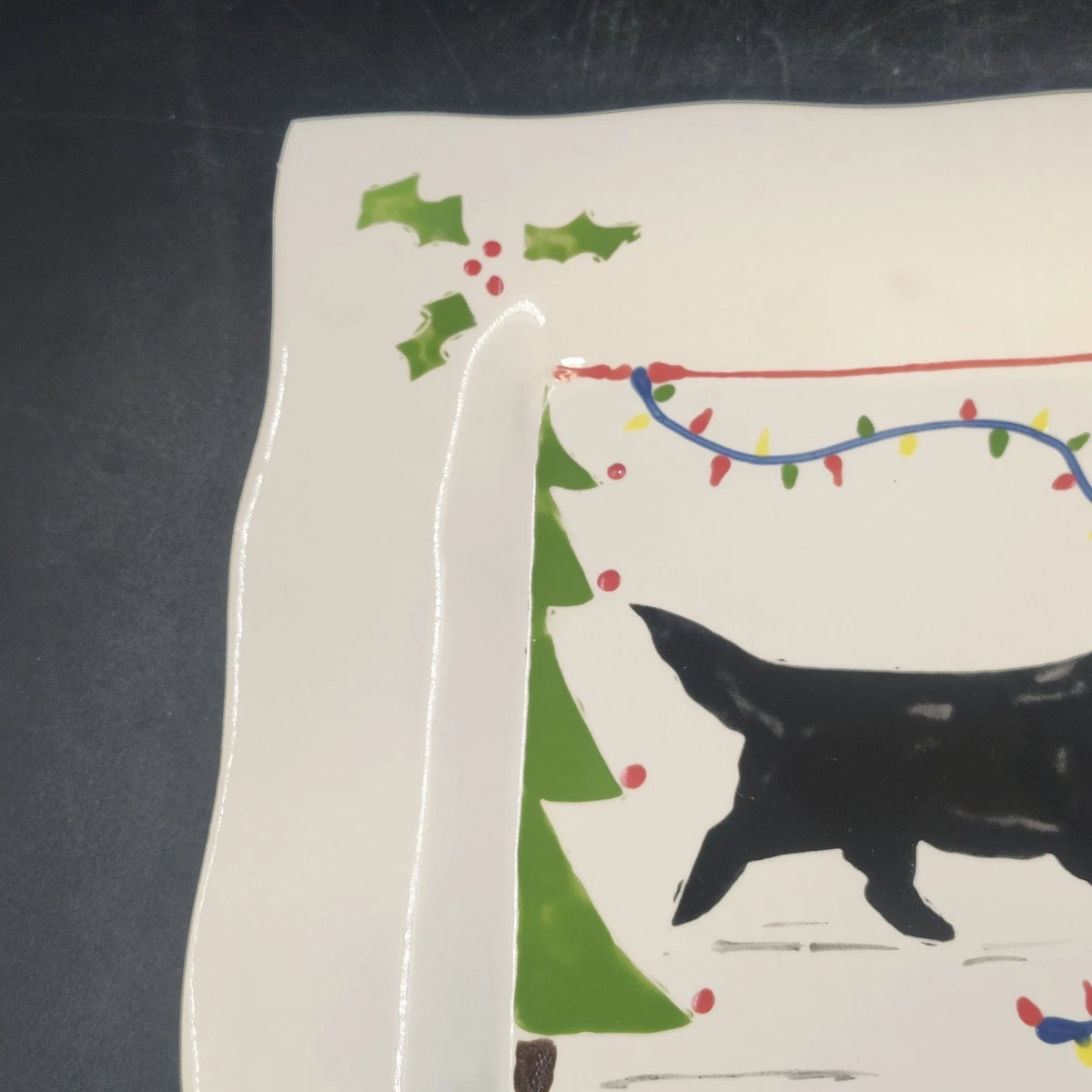 Prairie Dog Pottery Black Newfoundland Christmas Lights Square Plate 9.25" Holly