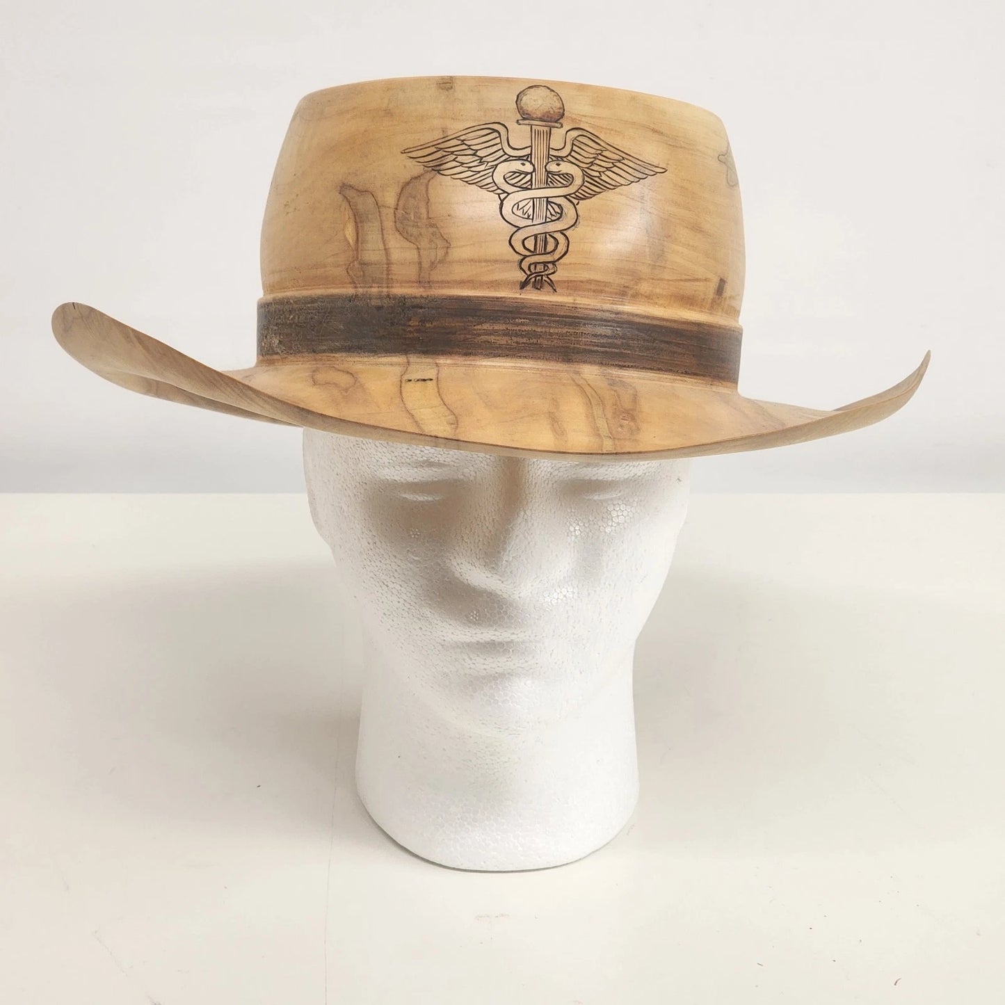 Lathe Turned Wood Cowboy Hat Tan 7-1/8 RW Huey Handcrafted Caduceus Symbol