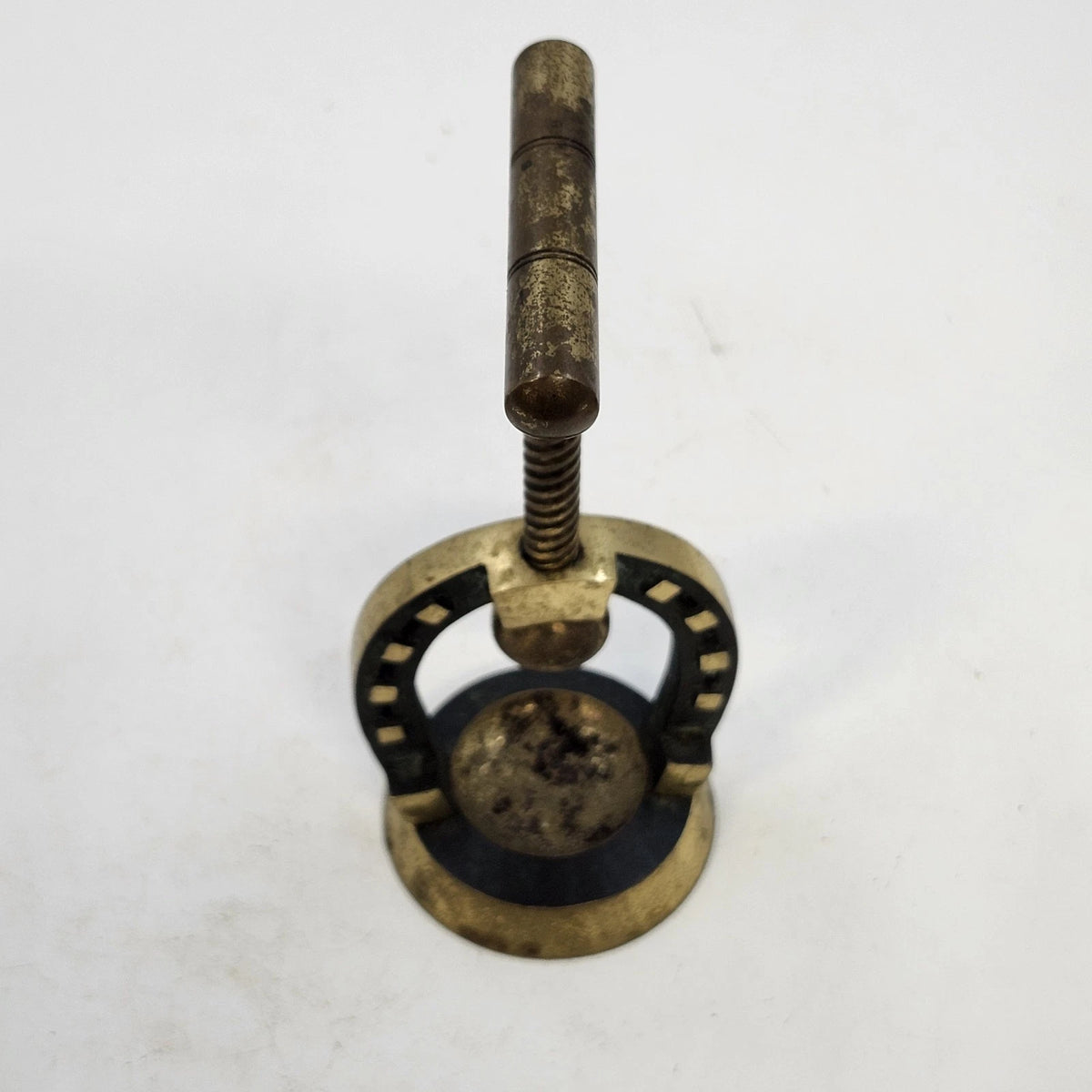 Horseshoe Screw-Down Nutcracker Gold Tone Metal T-Handle Tabletop 3.5" Patina