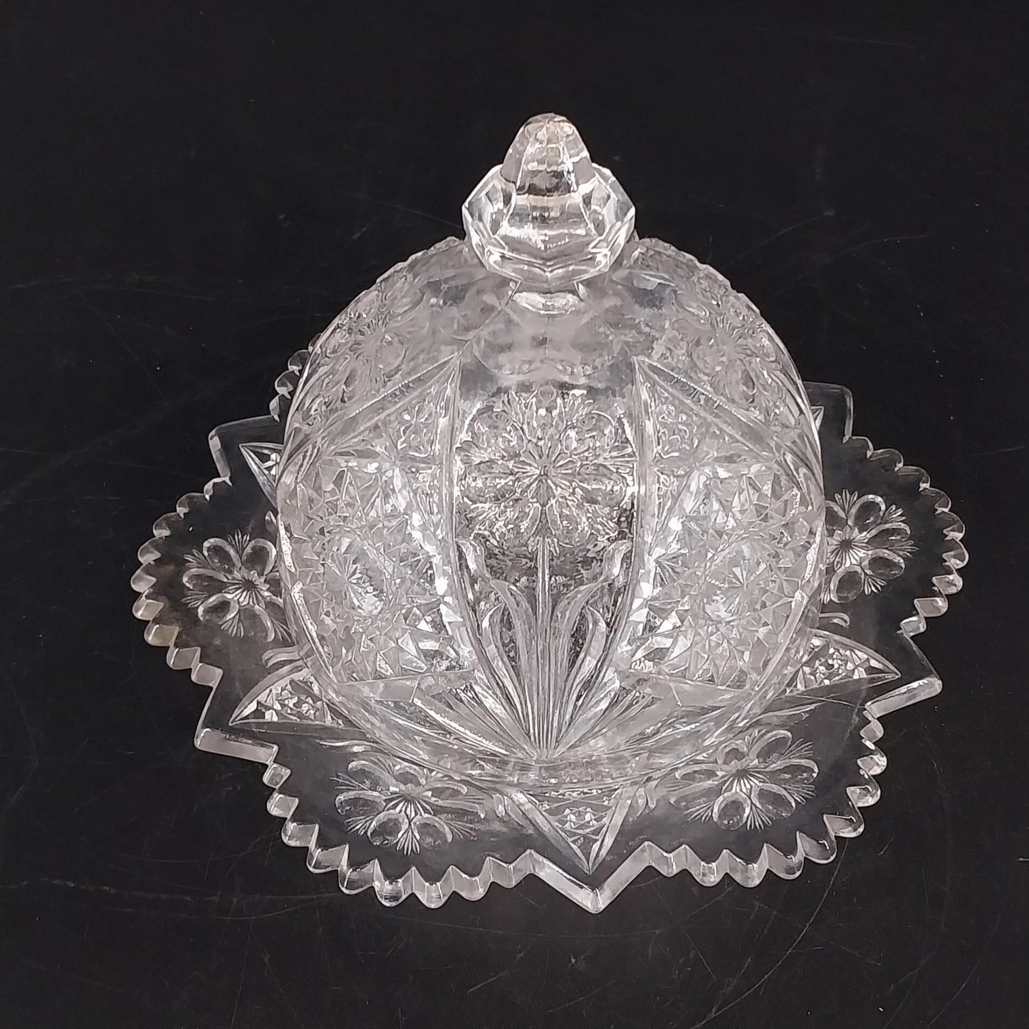 Imperial Glass Hobstar Covered Butter Dish Cheese Dome Clear Glass Sawtooth Vtg