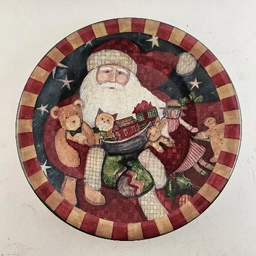 Christmas Plate 8" By Susan Winget Santa with Teddy Bear & Toys Red Tan Border