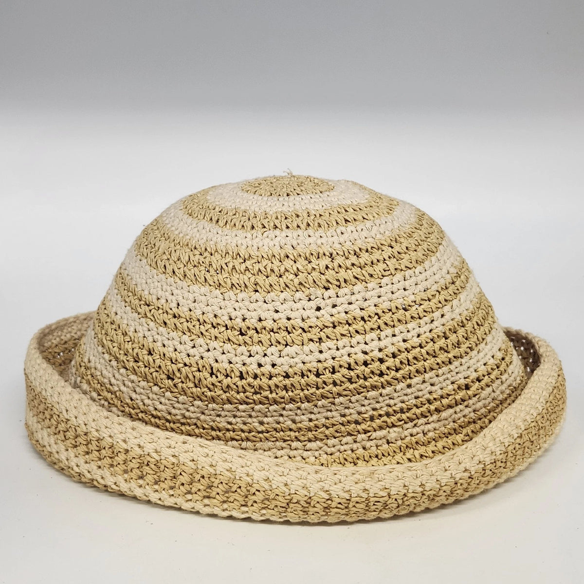 Women's Cloche Sun Hat Rolled Brim Cream Tan Striped Woven Paper Cotton OSFM