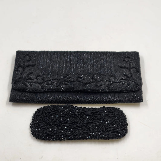 Black Beaded Clutch Purse Evening Set w Matching Eyeglass Holder Handmade Vtg