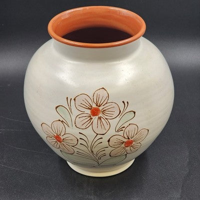 Hungarian Artmark Vase Hand Painted Floral Ceramic Brown Glaze Interior 10"x9"