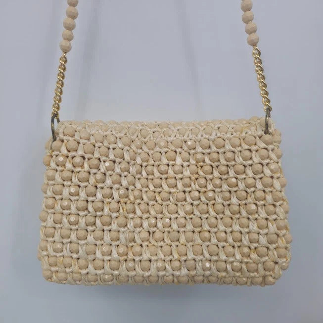 Cream Crochet Beaded Evening Bag Chain Strap Shoulder Purse Bohomian Bridal
