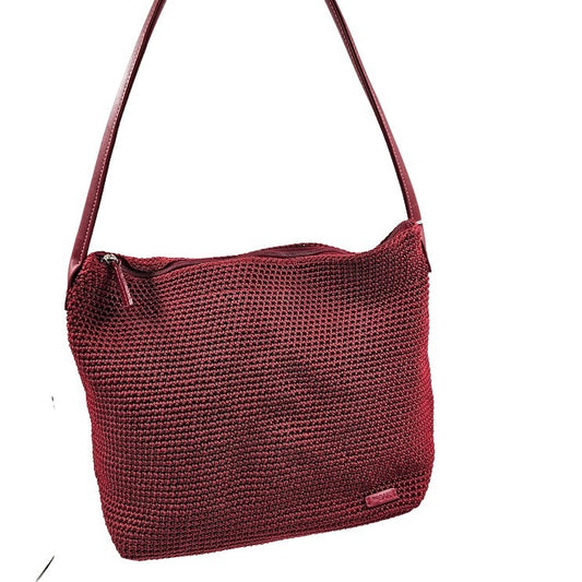 The Sak Red Woven Crochet Shoulder Bag Purse Leather Strap 12"x10"x6" Vintage