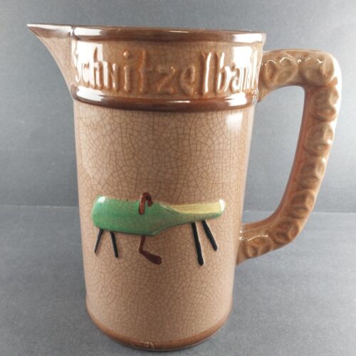 1930's Schnitzelbank German Beer Pitcher 8.5" Brown Crackle Glaze Vtg Spout Chip