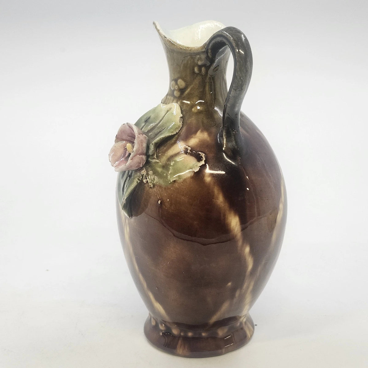 Pottery Pitcher 5" Brown Drip Glaze Hand Applied Floral Art Signed G. Wyand Vtg