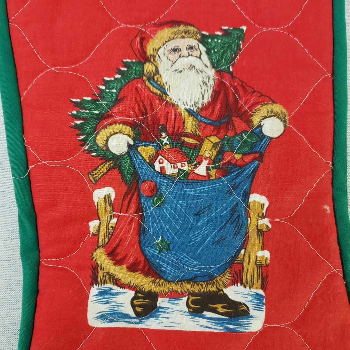 Christmas Stockings Santa Designs Quilted Mom & Dad Monogrammed Red & Green Vtg