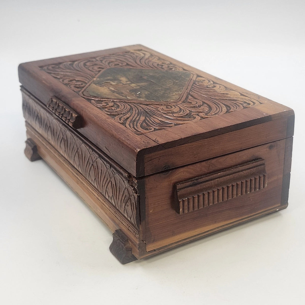 Jewelry Trinket Box 11" Carved Cedar Natural Wood Cottage Scene Footed Vintage