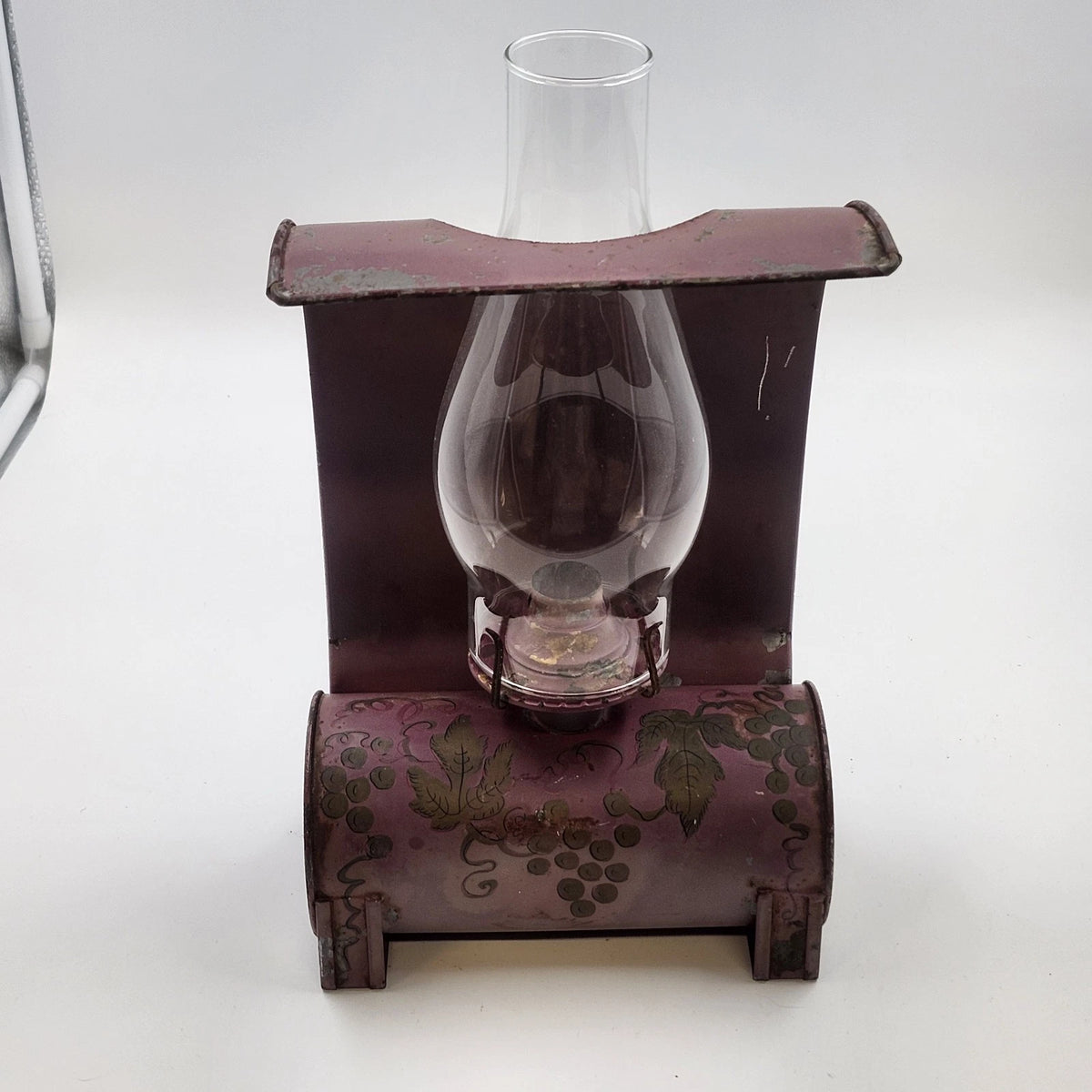 Metal Kerosene Oil Lamp Hand Painted Grapes Mauve Reflector Vintage 10.5" Vtg