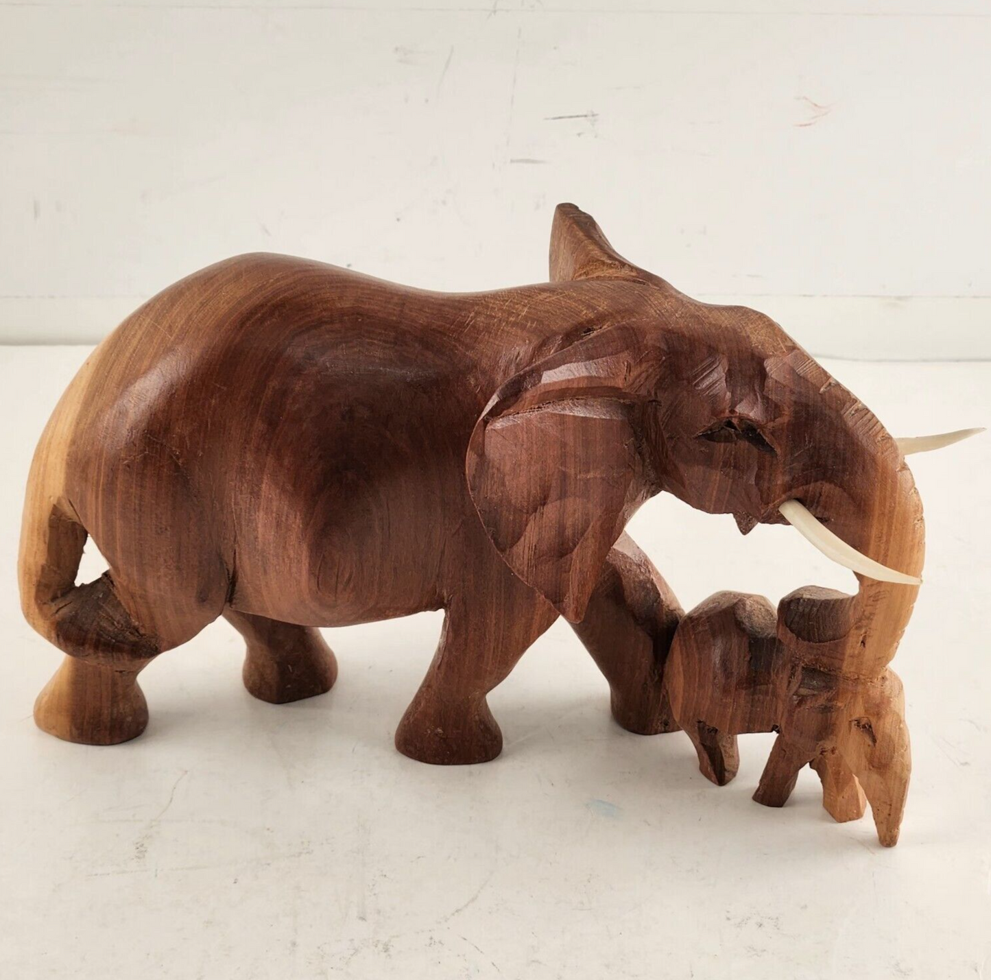 Hand Carved Wood Mother and Baby Elephant Figurine Removable Tusks Kenya 8" Long