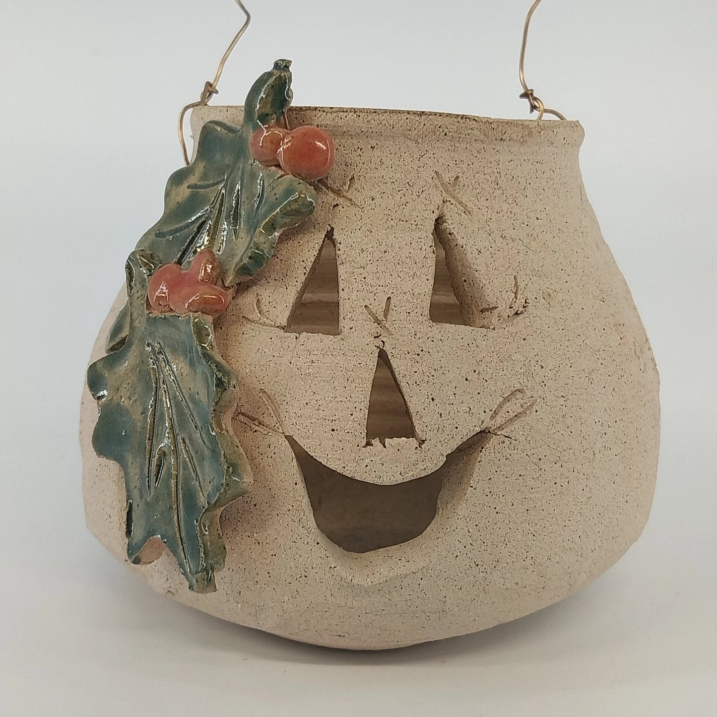 Handmade Studio Pottery Jack O Lantern Holly Candle Luminary 4" Vintage