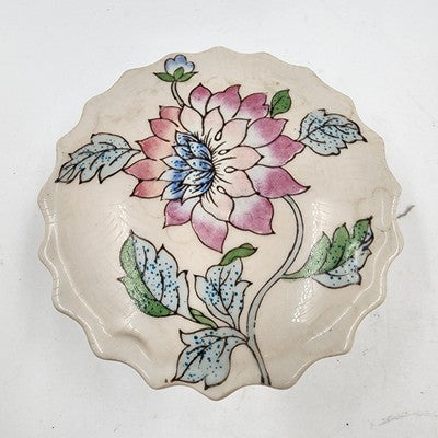 Embossed Ceramic Round Box w/ Lid Macau Pink Blue Floral Design 5"x2"