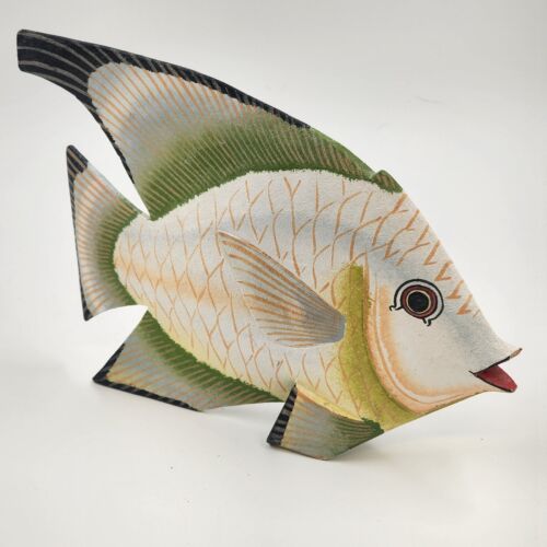 Carved Painted Wooden Angel Fish Figurine Both Sides Painted 7"h Indonesia