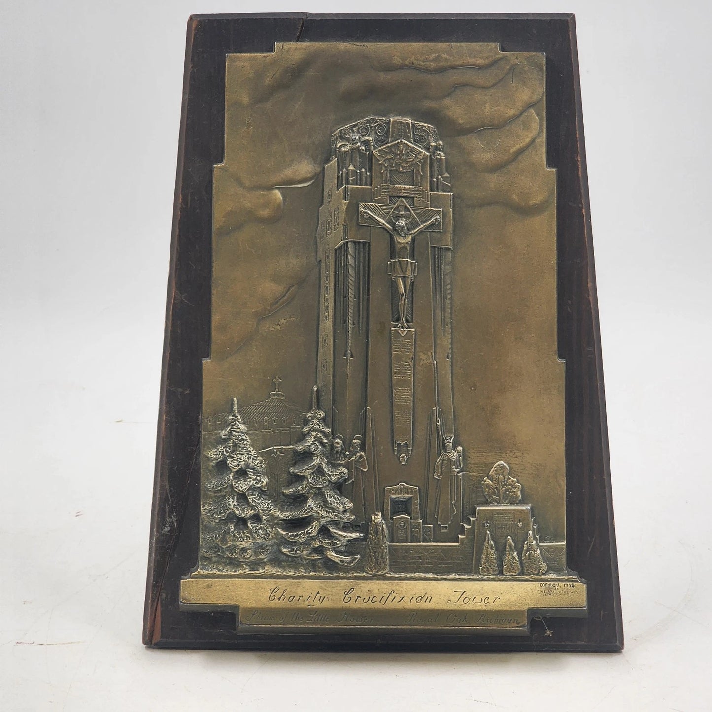 Bronze Plaque Charity Crucifixion Tower on Wood 1956 Shrine of the Little Flower