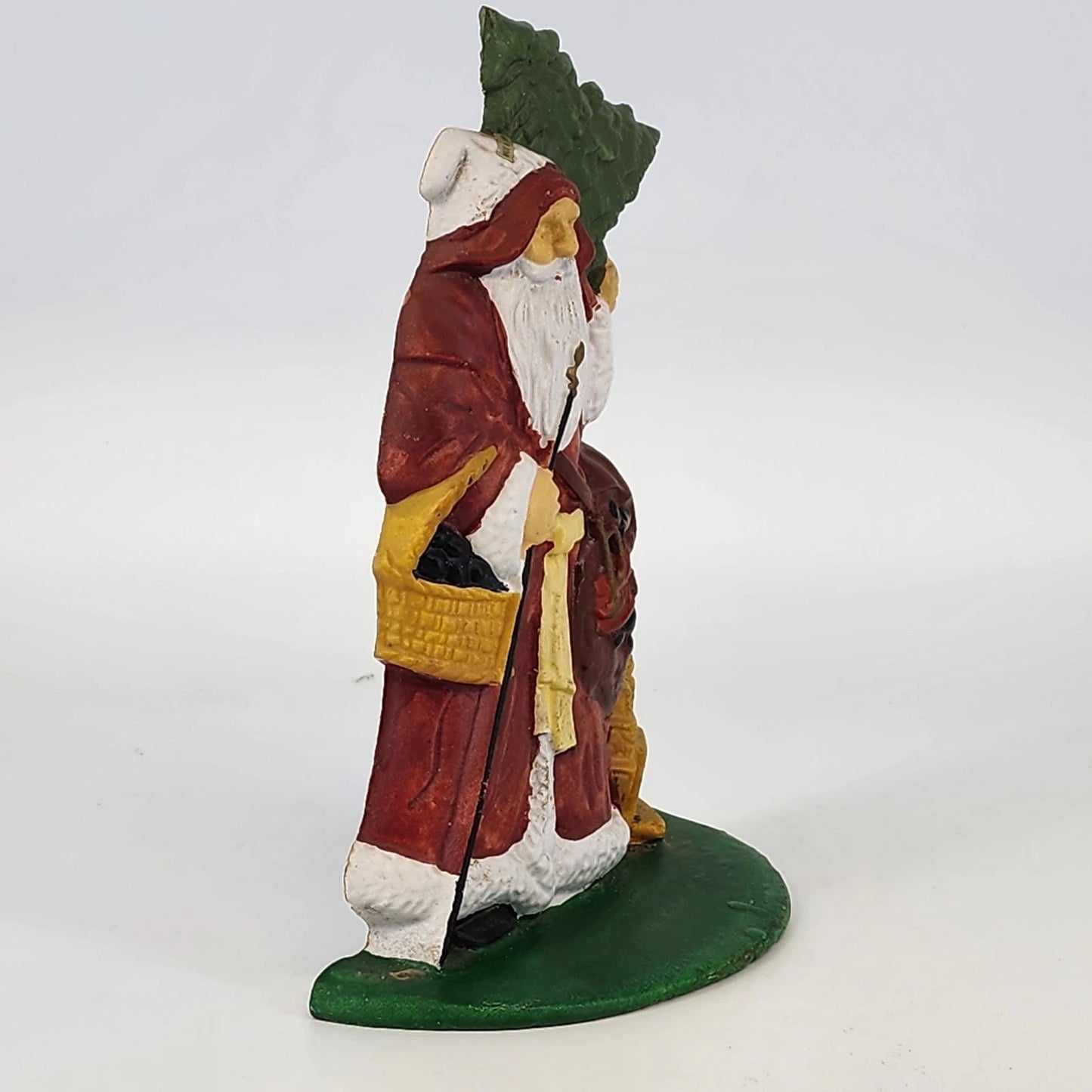 Cast Iron Santa Claus Doorstop Holding Christmas Tree & Staff Heavy 10" Vintage
