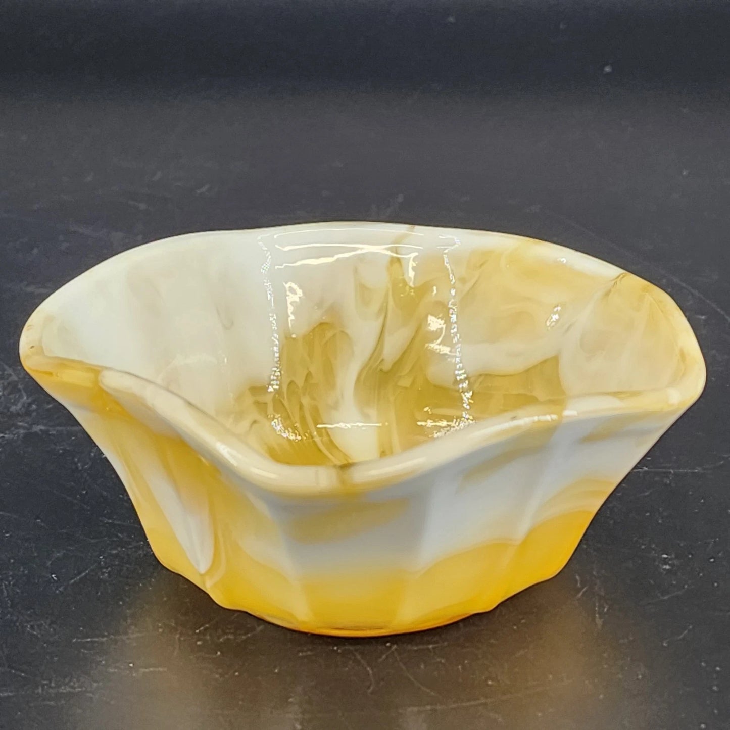 Akro Agate Caramel Slag Glass Bowl Scalloped Paneled Swirl