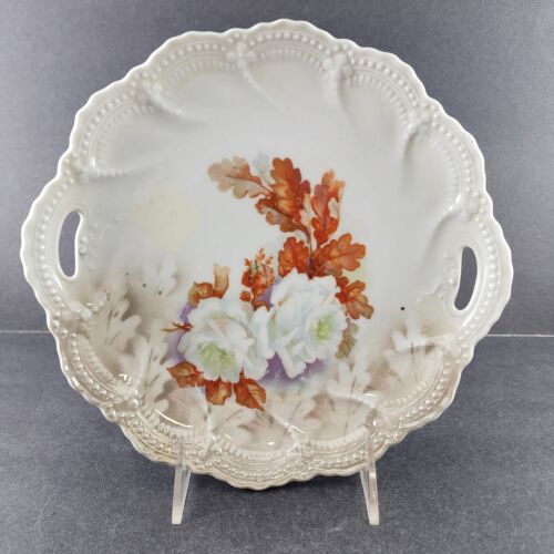 Leuchtenburg Decorative Porcelain Plate Scalloped Handles Ornate Rim White Roses