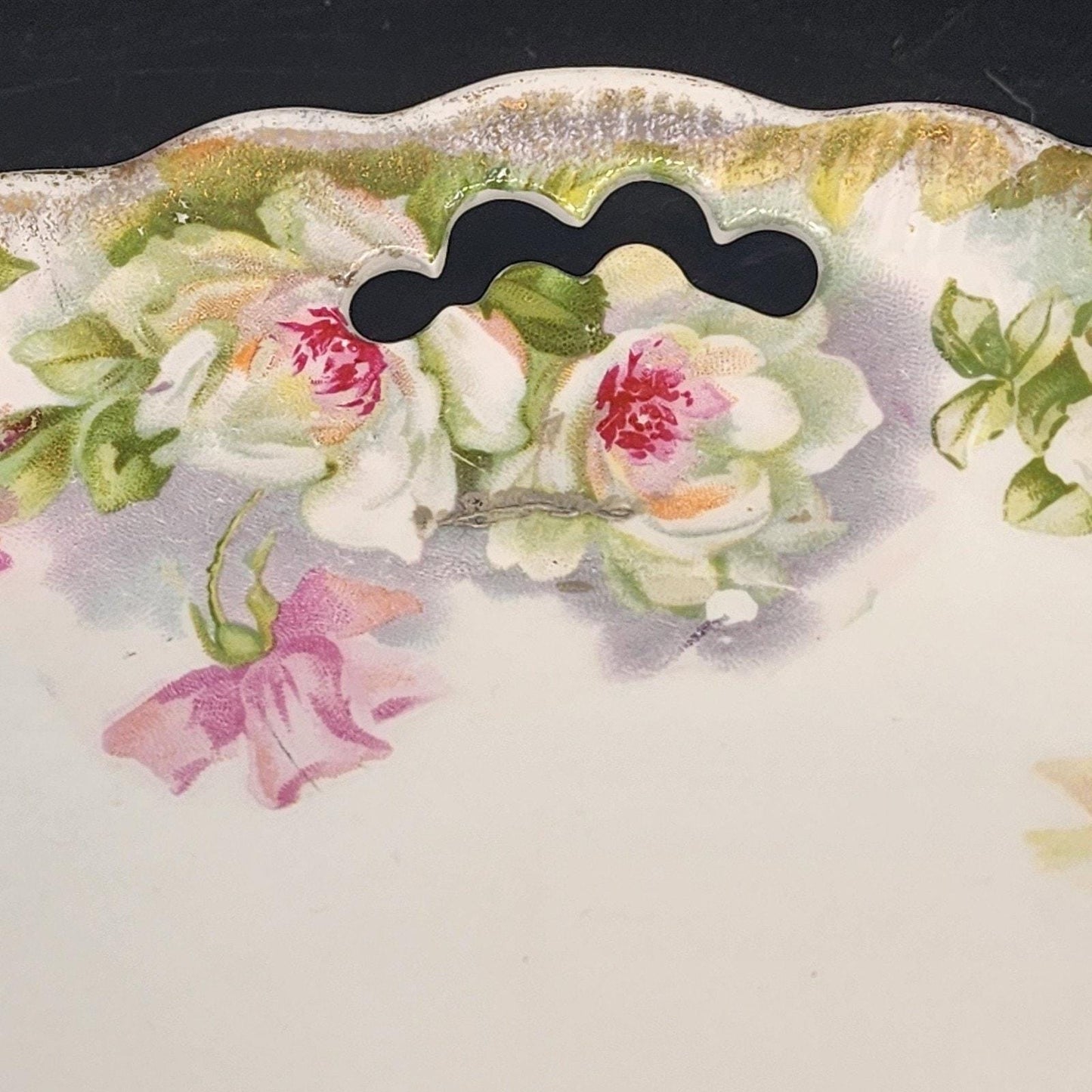 Limoges France Floral Plate Gold Trim Scalloped Handles 9.75 Inch Porcelain Serving Dish Antique