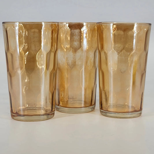 Jeannette Hex Optic Glasses Set of 3 Iridescent Marigold Carnival Glass 5" 8 oz