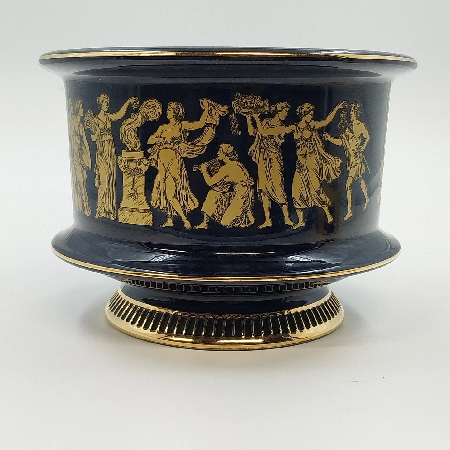 Florentine Italy Footed Pottery Bowl Cobalt Blue Gold Classical 4" Tall x 5.25"d