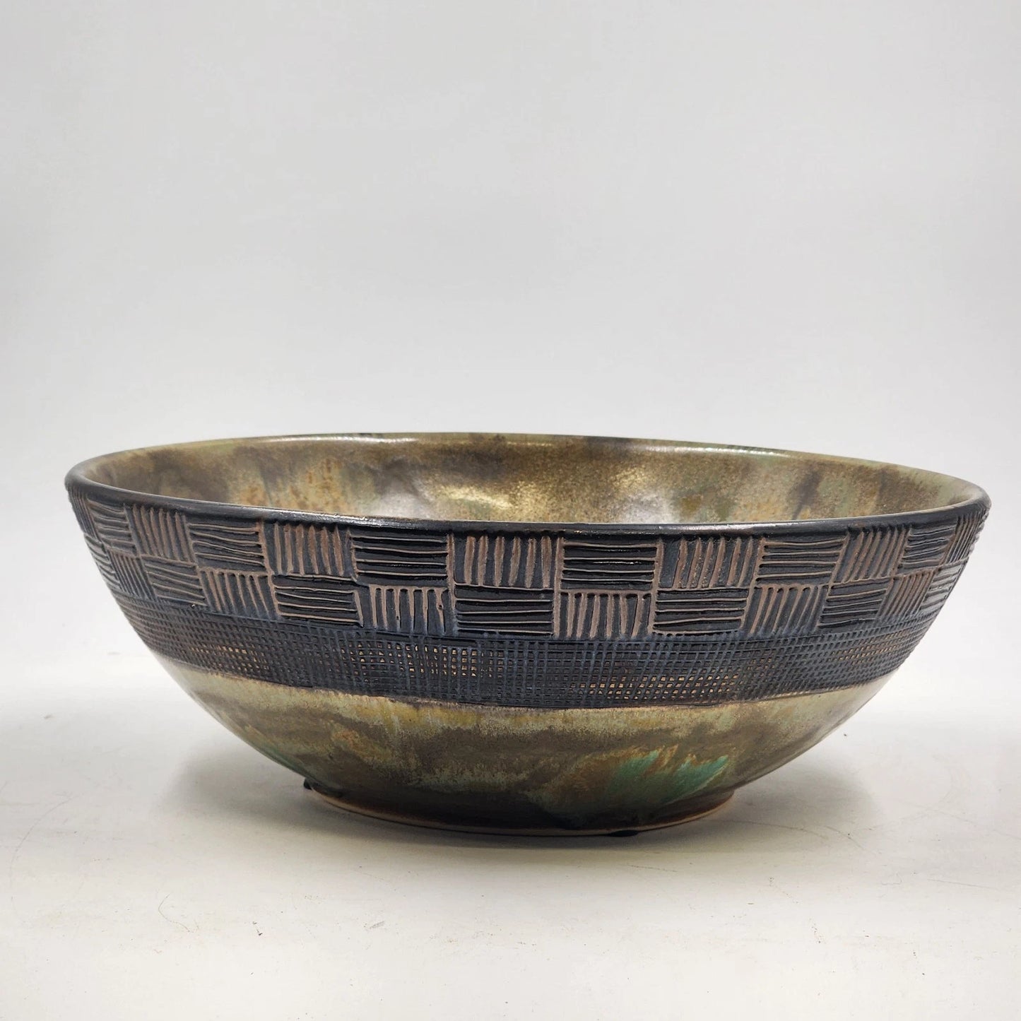 Ochre Green Glazed Pottery Bowl Basket Weave Outer Design Ceramic Lusterware 12"