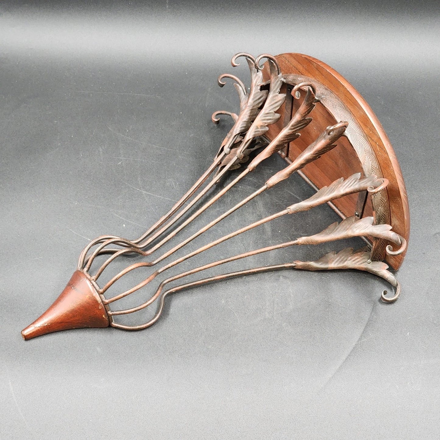 Half-Round Floating Wall Shelf Dark Wood Top Ornamental Metal Support 16.5"