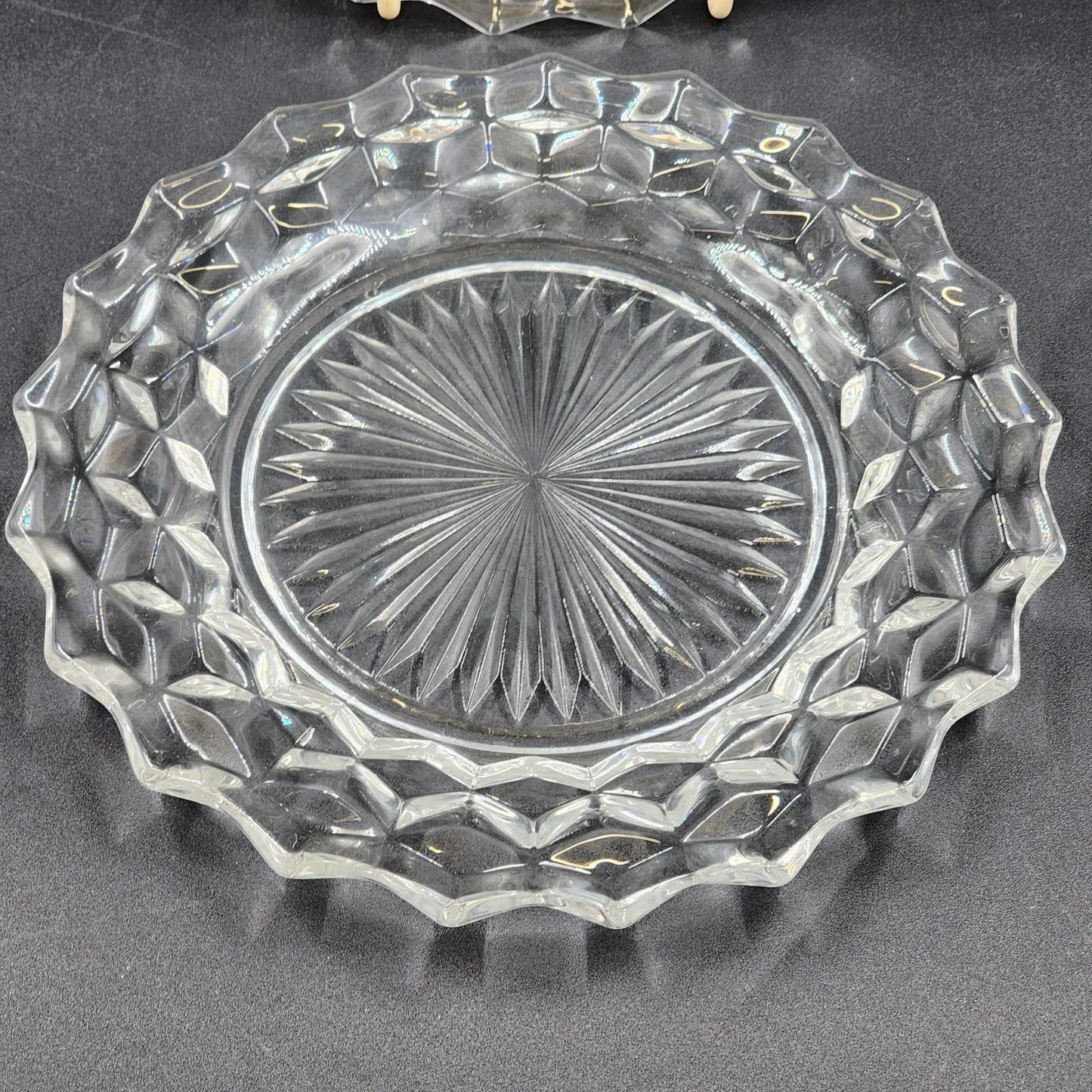 2 Fostoria American Clear Dinner Plates 9.5" Cubist Design Pressed Glass Vintage