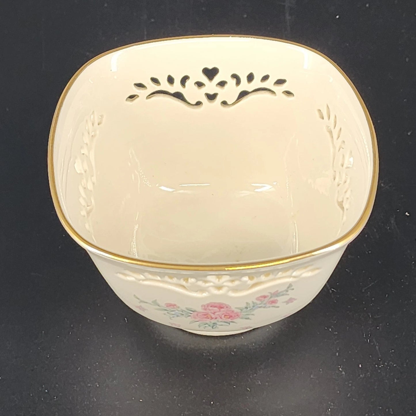 Lenox Petite Rose Trinket Bowl Cream Porcelain Lace Cut Out 24K Gold Trim 4.25"