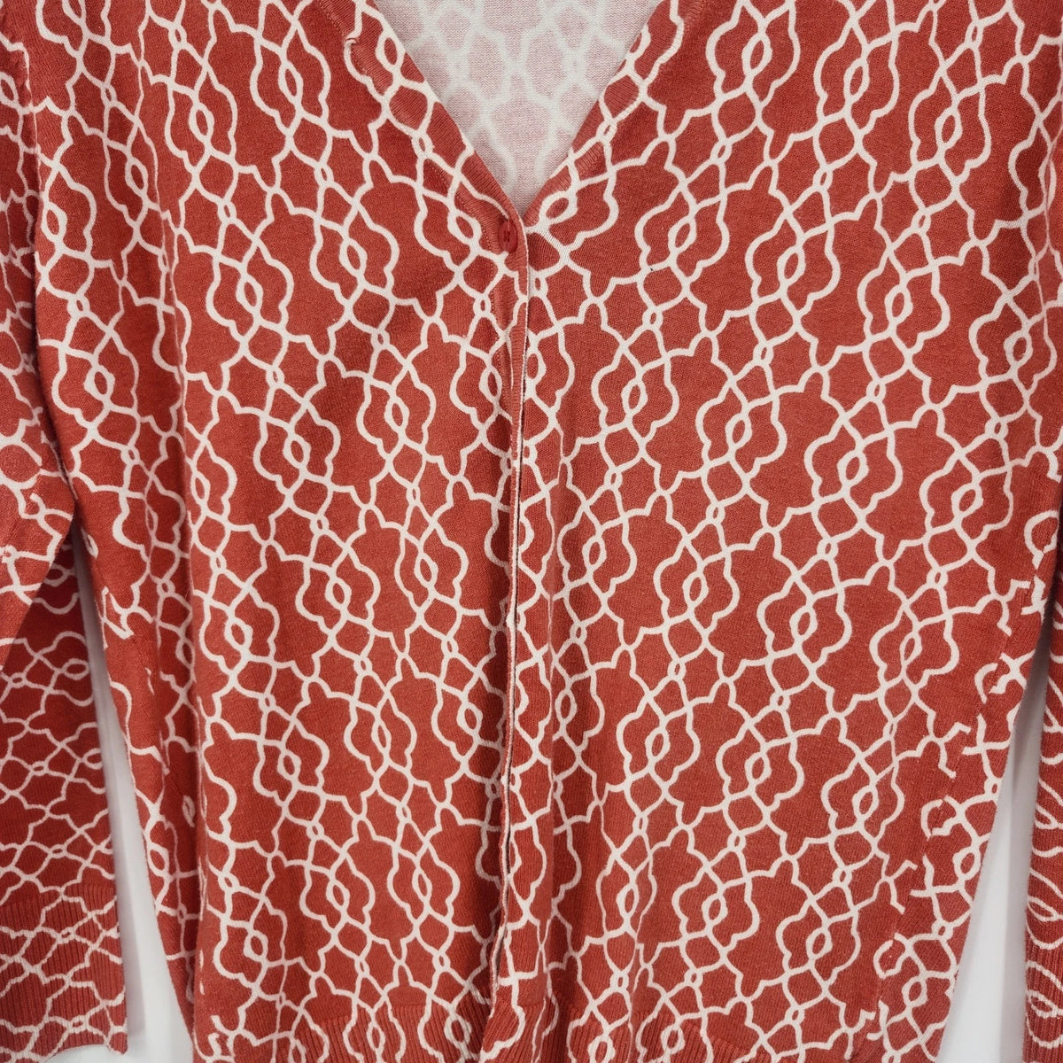 Merona Women's L/G Cardigan Top Orange Geometric Pattern Button Front V Neck