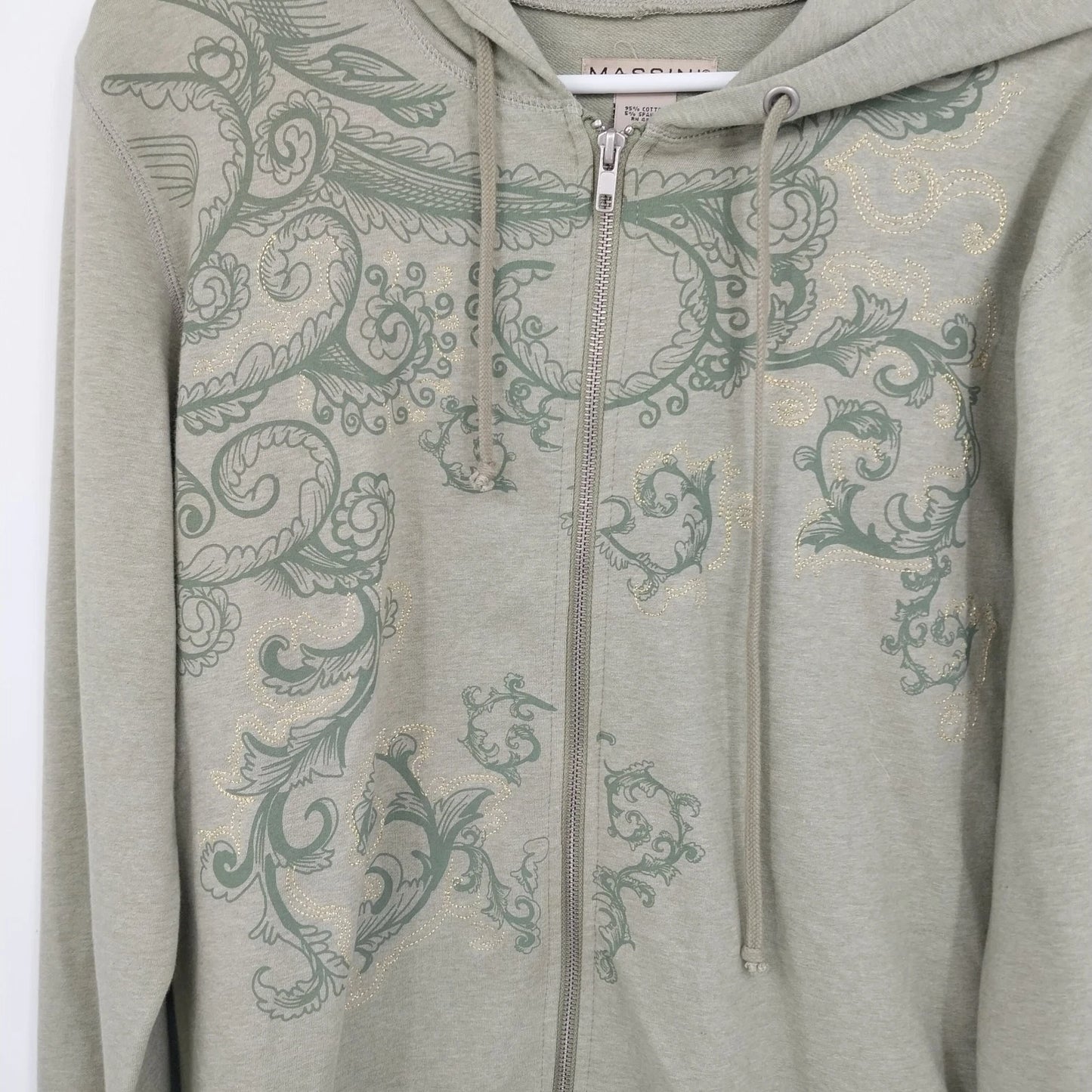 Massini Women's Zip Up Hoodie Size XL Floral Paisley Army Green Cotton Blend Y2K