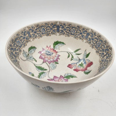 Macau Large Open Bowl 10"x4.5" Hand Painted Pink Blue Floral Design Vintage