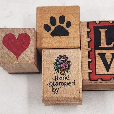 4 Wood Rubber Hand Stamps Love Theme Dog Footprint Flower Heart USA