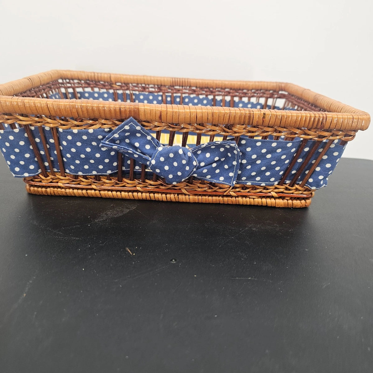 Wicker Wooden Basket Goose Liner Blue Polka Dot Country Kitchen Storage 12"