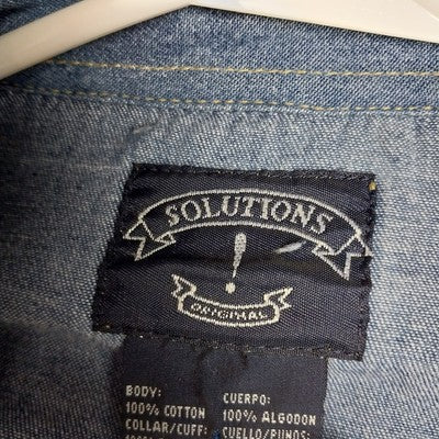 Solutions Blue Denim Shirt L Leopard Print Collar Cuffs Button Up 100% Cotton