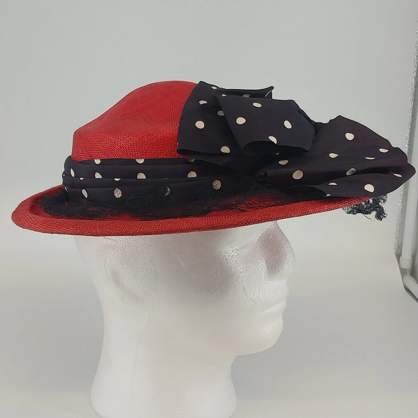 Women's Red Derby Dress Hat Wide Brim Polka Dot Bow Mesh Trim Vintage 11"