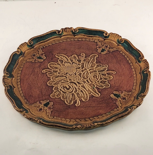 Florentia Toleware Round Serving Tray Hand Tooled 13" Red & Green Italy Vintage