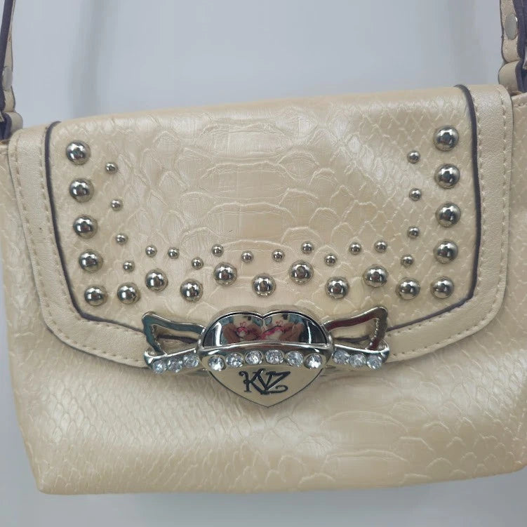 Kathy Van Zeeland Beige Croc Crossbody Bag Studded Rhinestone Heart Clasp Vtg
