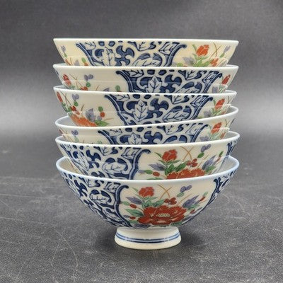 Set of 6 Japanese Imari Porcelain Bowls – Footed Noodle Ramen Flower Design | Vintage Red & Blue