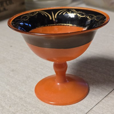 Lancaster Marguerite Orange Black Glass Pedestal Bowl Gold Gilt 1930s VTG